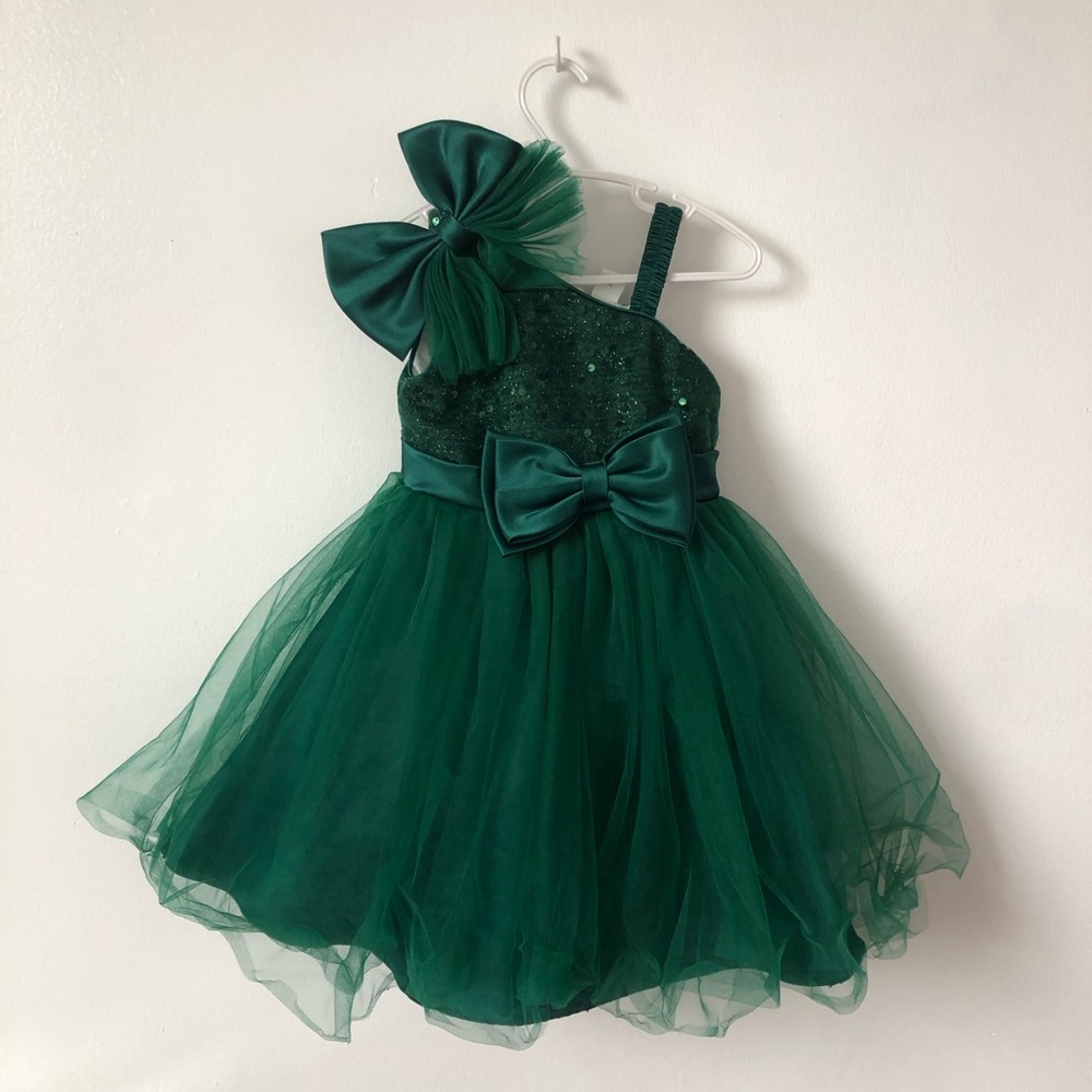 SHEIN Emerald Green Tulle Bow One-Shoulder Formal Dress for Girls